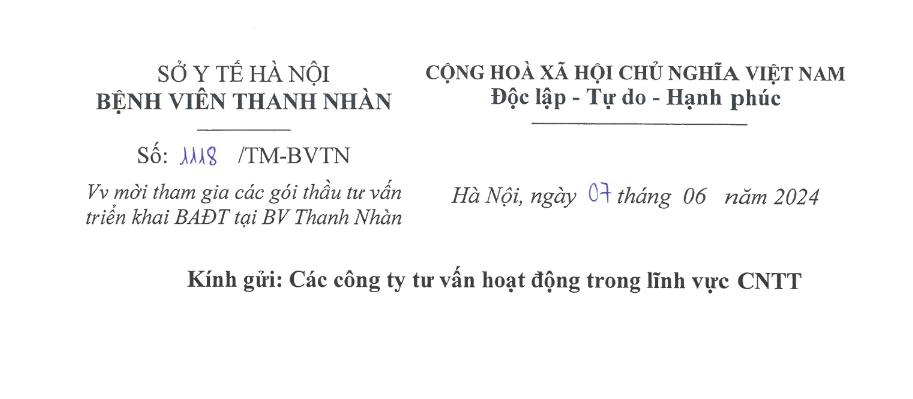 Mời Tham Gia Gói Thầu Tư Vấn Triển Khai BADT tại BV Thanh Nhàn