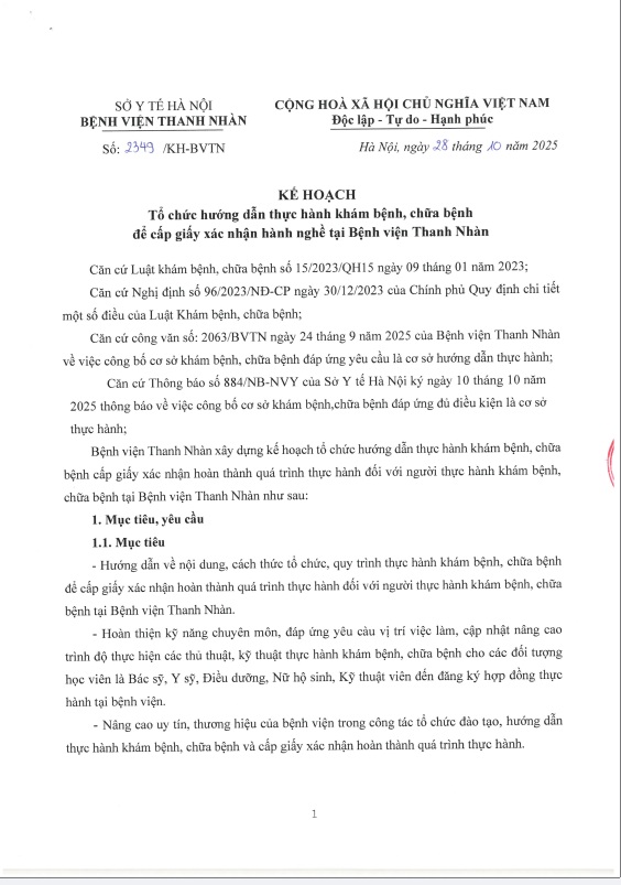 Kế hoạch tổ chức hướng dẫn thực hành khám bệnh, chữa bệnh để cấp giấy xác nhận hành nghề tại Bệnh viện Thanh Nhàn