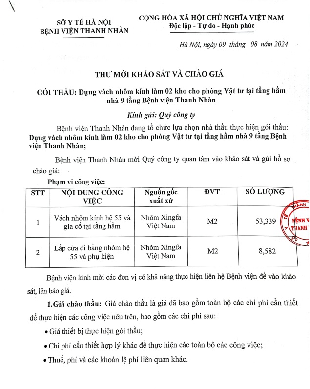 Thư mời khảo sát và chào giá Dựng vách nhốm kính làm 2 kho cho phòng Vật tư tại tầng hầm nhà 9 tầng Bệnh viện Thanh Nhàn