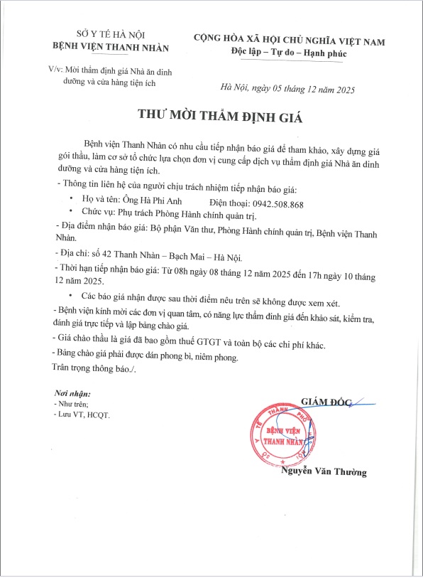 Mời thẩm định giá Nhà ăn dinh dưỡng và cửa hàng tiện ích tại Bệnh viện Thanh Nhàn