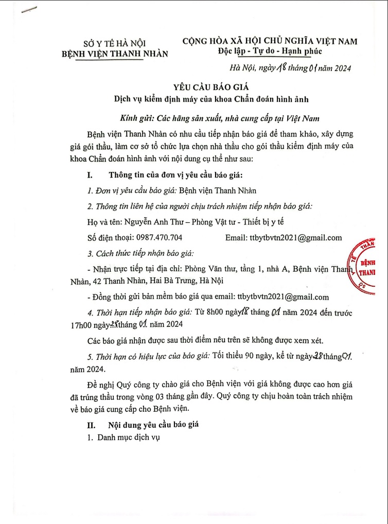 Yêu cầu báo giá dịch vụ kiểm định máy của khoa Chẩn Đoán Hình Ảnh