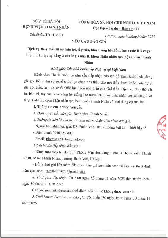 TB 2613 Yêu cầu báo giá Dịch vụ thay thế vật tư, bảo trì, tẩy rửa, khử trùng hệ thống lọc nước RO chạy thận nhân tạo tại tầng 2 và tầng 3 nhà B, khoa thận nhân tạo, bệnh viện Thanh Nhàn.
