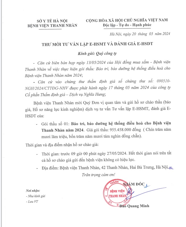 Thư mời tư vấn lập HSMT và đánh giá HSDT cho gói thầu Bảo trì bão dưỡng hệ thống điều hòa cho Bệnh viện Thanh Nhàn năm 2024