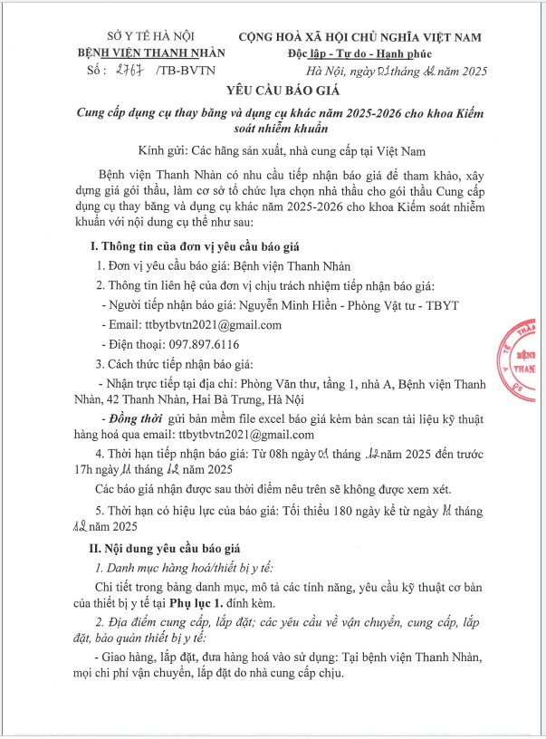TB 2767 Yêu cầu báo giá Cung cấp dụng cụ thay băng và dụng cụ khác năm 2025-2026 cho khoa Kiểm soát nhiễm khuẩn