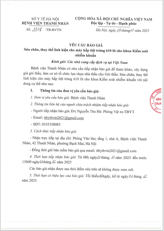 TB 2608 Yêu cầu báo giá Sửa chữa, thay thế linh kiện cho máy hấp tiệt trùng 610 lít cho khoa Kiểm soát nhiễm khuẩn