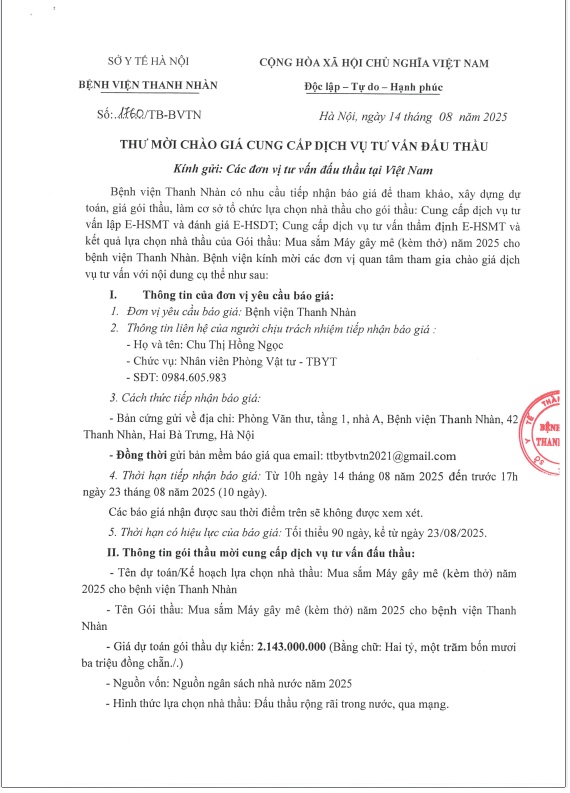 CV 1760 thư mời chào giá cung cấp dịch vụ tư vấn đấu thầu cho gói thầu: Mua sắm máy gây mê ( kèm thở ) năm 2025 cho bệnh viện Thanh Nhàn.