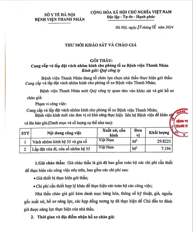 Thư mời khảo sát và chào giá gói thầu cung cấp và lắp đặt vách nhôm kính cho phòng tổ xe Bệnh viện Thanh Nhàn