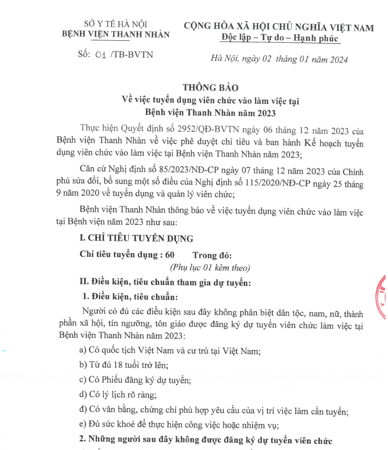 Thông Báo về việc tuyển dụng viên chức vào làm việc tại Bệnh viện Thanh Nhàn năm 2023