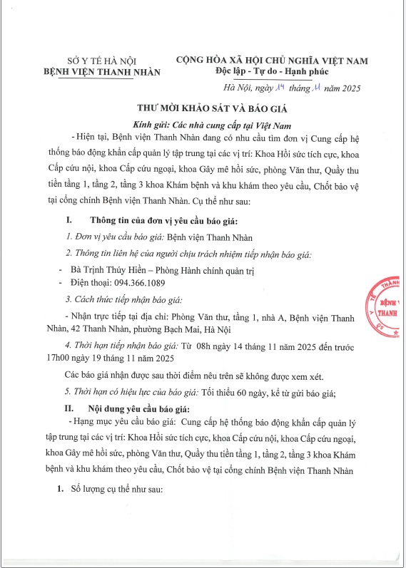 Thư mời khảo sát và chào giá Cung cấp hệ thống báo động khẩn cấp quản lý tập trung