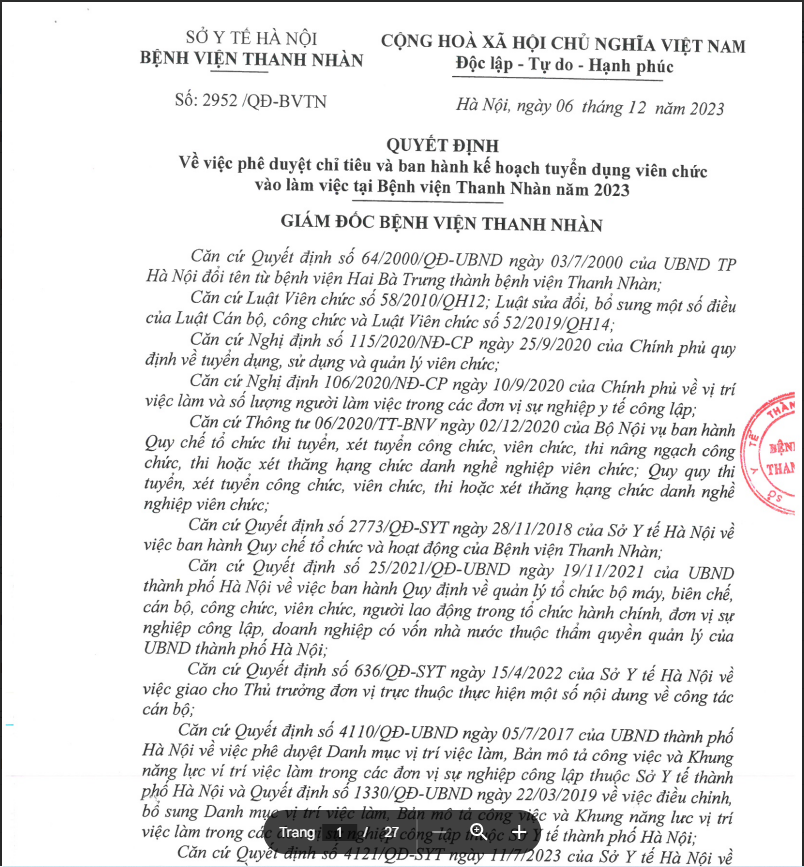 Quyết định phê duyệt chỉ tiêu và ban hành kế hoạch tuyển dụng viên chức vào làm việc tại Bệnh viện Thanh Nhàn năm 2023