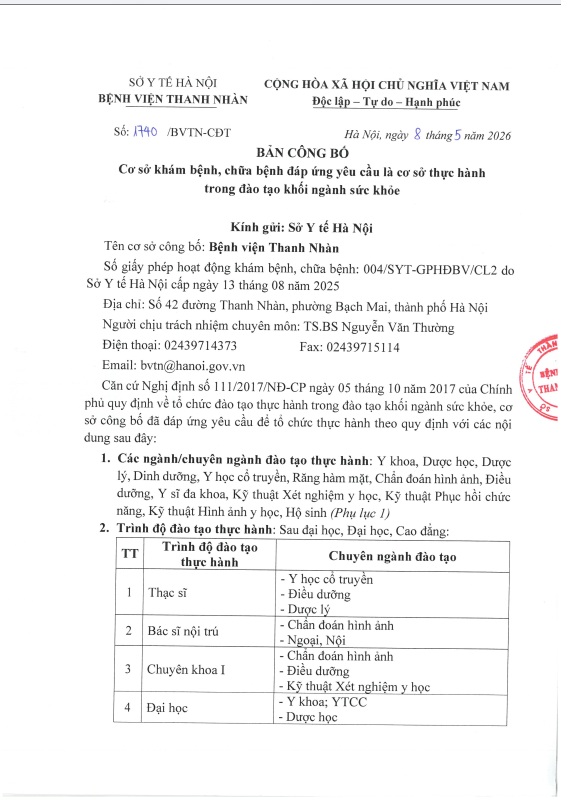 Bản công bố cơ sở khám bệnh chữa bệnh đáp ứng yêu cầu là cơ sở thực hành trong đào tạo khối ngành sức khỏe