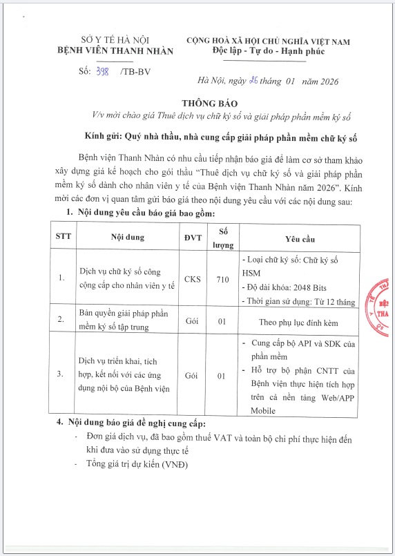 Thư mời chào giá Thuê dịch vụ chữ ký số và giải pháp phần mềm ký số cho Bệnh viện Thanh Nhàn