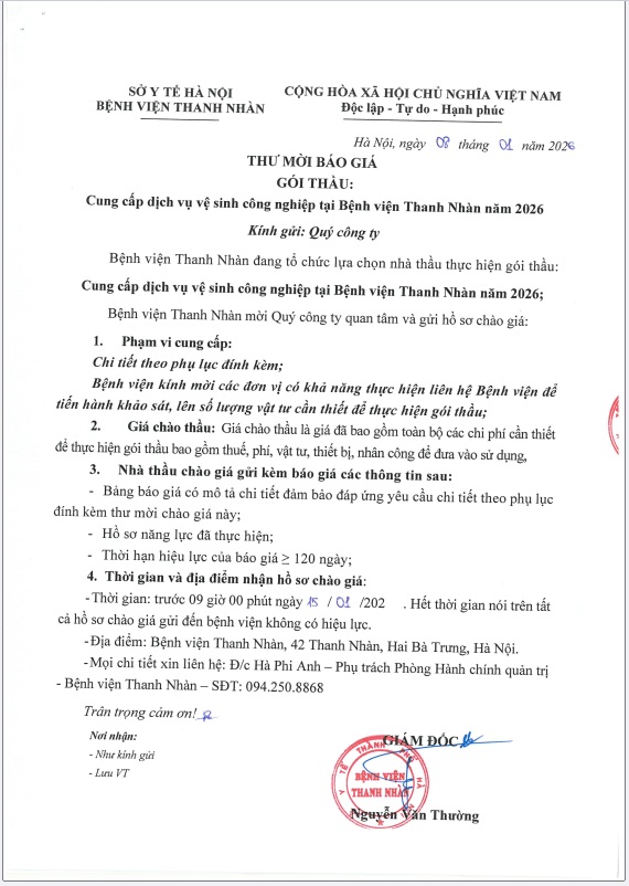 Gói thầu: Cung cấp dịch vụ vệ sinh công nghiệp tại Bệnh viện Thanh Nhàn năm 2026