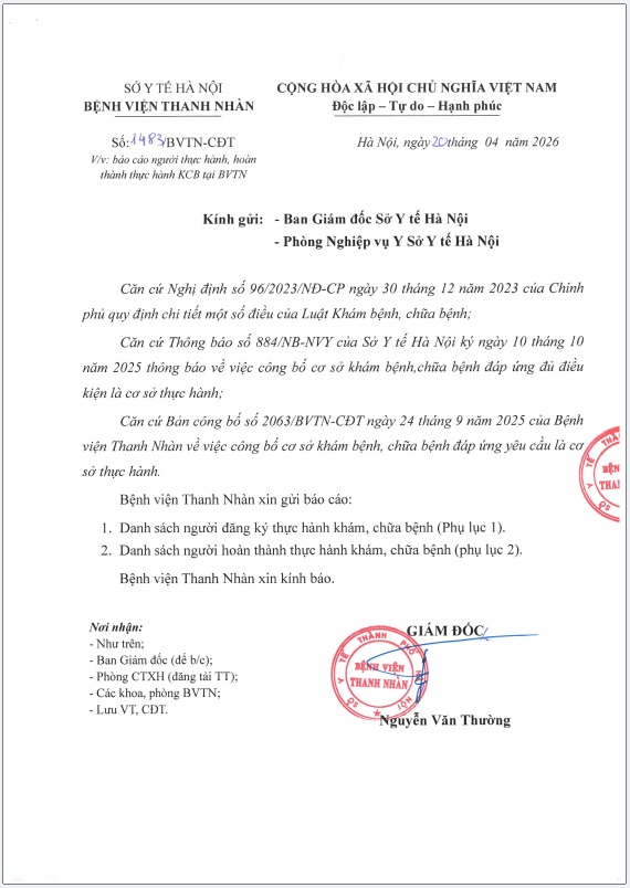 Báo cáo người thực hành, hoàn thành thực hành khám chữa bệnh tại Bệnh viện Thanh Nhàn