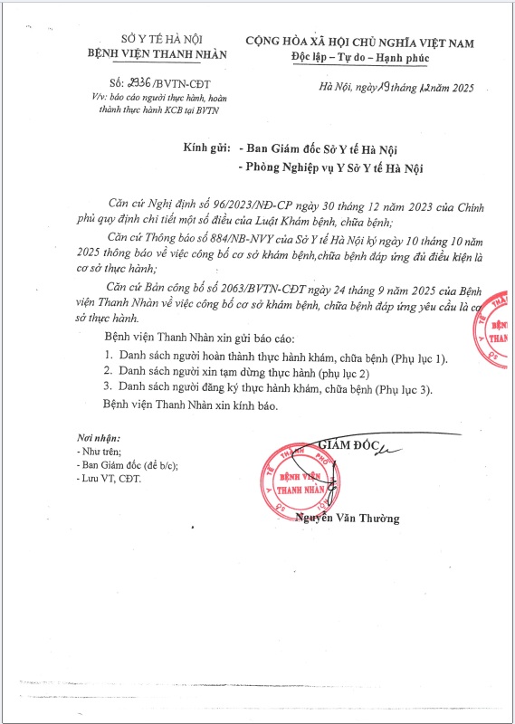 Báo cáo người thực hành, hoàn thành thực hành KCB tại BVTN tháng 12/2025