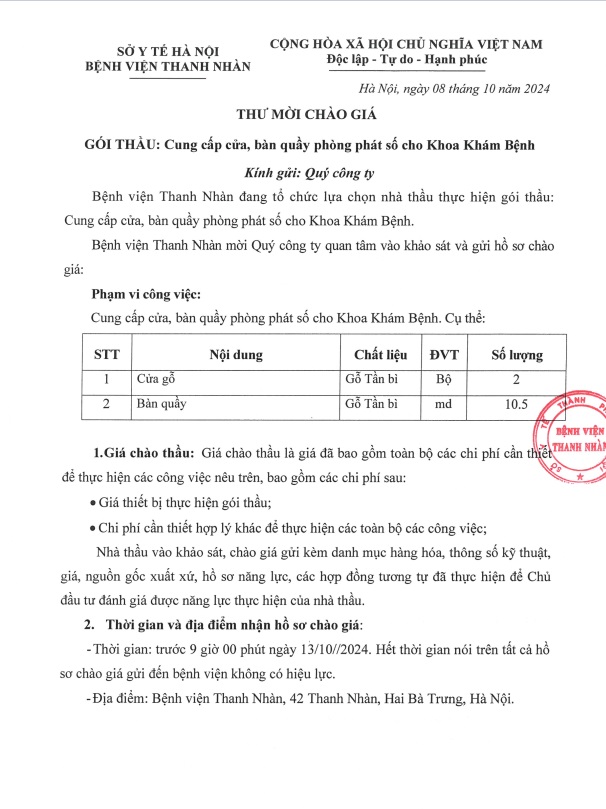 Thư mời chào giá Gói thầu: Cung cấp cửa, bàn quầy phòng phát số cho Khoa Khám Bệnh