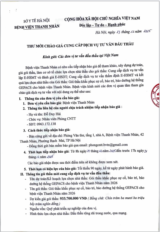 Thư mời chào giá đơn vị Cung cấp dịch vụ tư vấn đấu thầu cho gói thầu: Gói thầu khắc phục sự cố, bảo trì, bảo dưỡng hệ thống GEPACS cho bệnh viện Thanh Nhàn năm 2026