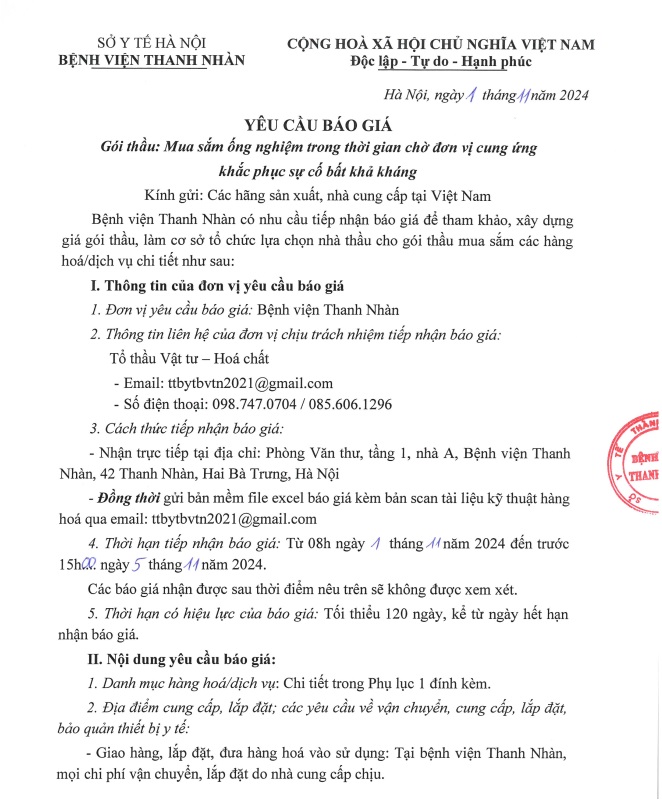 Yêu cầu báo giá Mua sắm ống nghiệm trong thời gian chờ đơn vị cung ứng khắc phục sự cố bất khả kháng