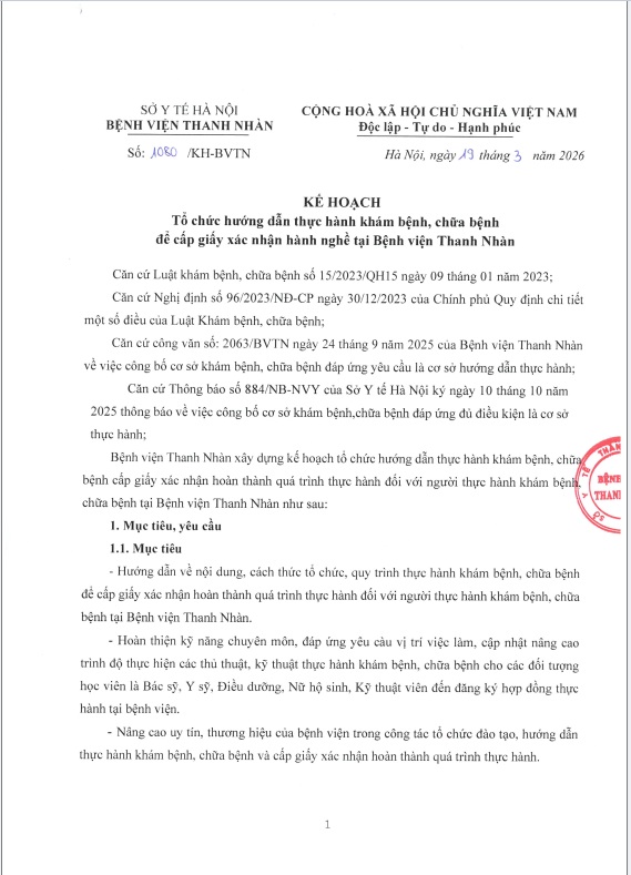 Kế hoạch tổ chức hướng dẫn thực hành khám bệnh, chữa bệnh để cấp giấy xác nhận hành nghề tại Bệnh viện Thanh Nhàn