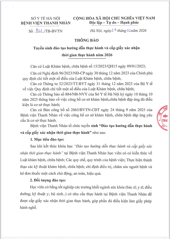 Tuyển sinh đào tạo hướng dẫn thực hành và cấp giấy xác nhận thời gian thực hành năm 2026