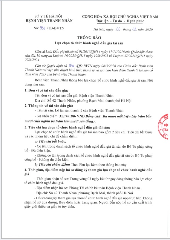 Thông báo lựa chọn tổ chức hành nghề đấu giá tài sản thanh lý năm 2025