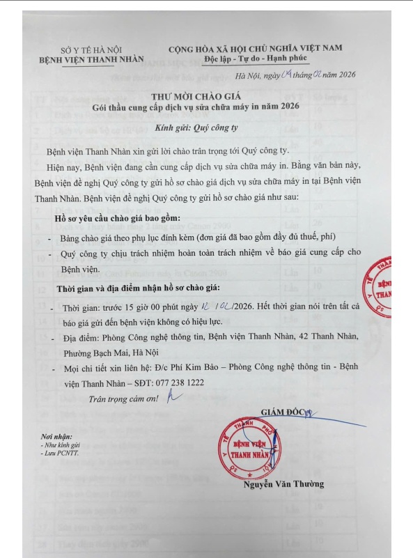 Thư mời chào giá gói thầu cung cấp dịch vụ sửa chữa máy in năm 2026