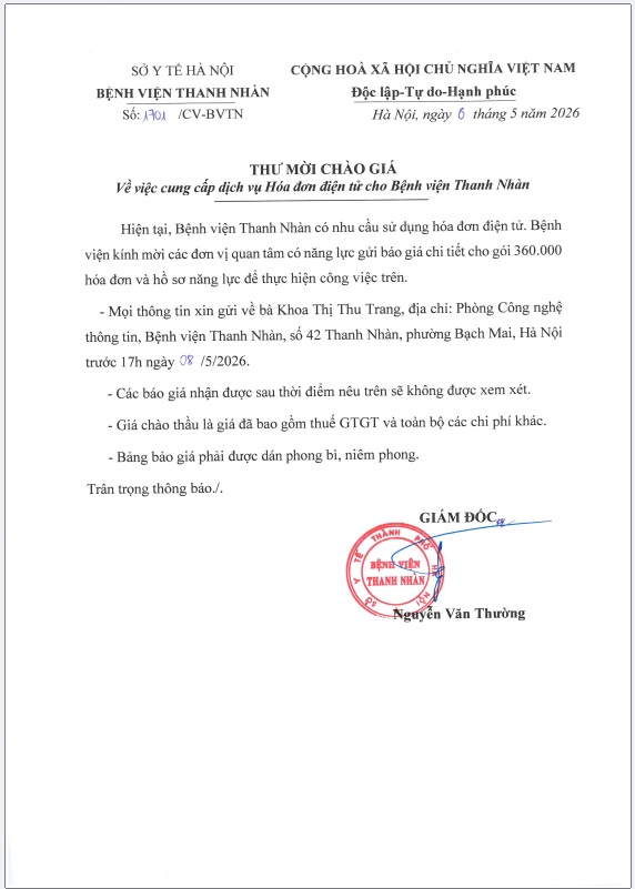 Thư mời chào giá dịch vụ hoá đơn điện tử cho BV Thanh Nhàn