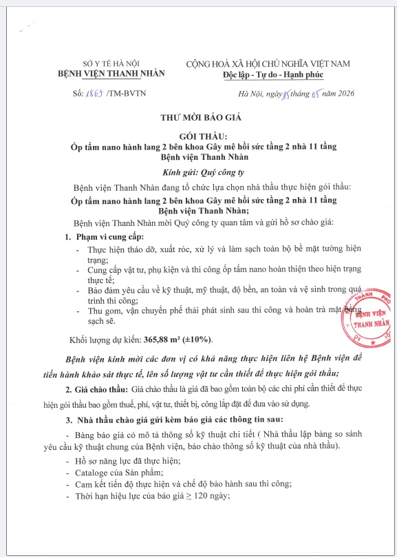 Thư mời chào giá gói thầu: Ốp tấm nano hành lang 2 bên khoa Gây mê hồi sức tầng 2 nhà 11 tầng Bệnh viện Thanh Nhàn