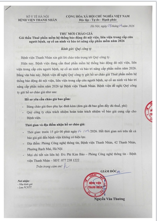 Thư mời chào giá gói thầu: Thuê phần mềm hệ thống báo động đỏ nội viện, liên viện trong cấp cứu người bệnh, sự cố an ninh và bảo trì nâng cấp phần mềm năm 2026