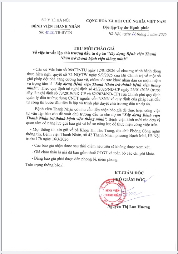 Thư mời chào giá về việc tư vấn lập chủ trương đầu tư dự án”Xây dựng Bệnh viện Thanh Nhàn trở thành bệnh viện thông minh”