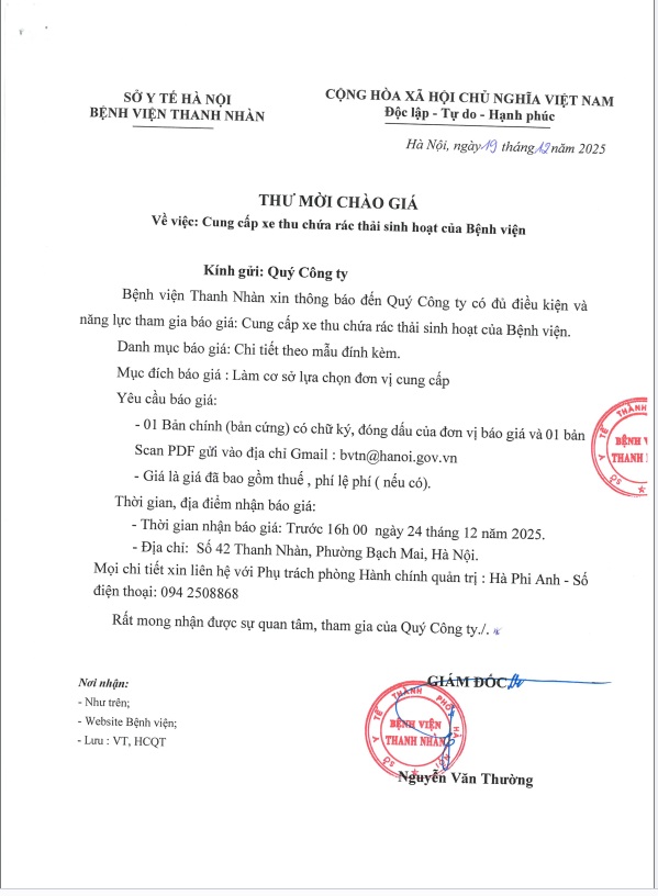 Thư mời chào giá gói thầu : Cung cấp xe thu chứa rác thải sinh hoạt của Bệnh viện
