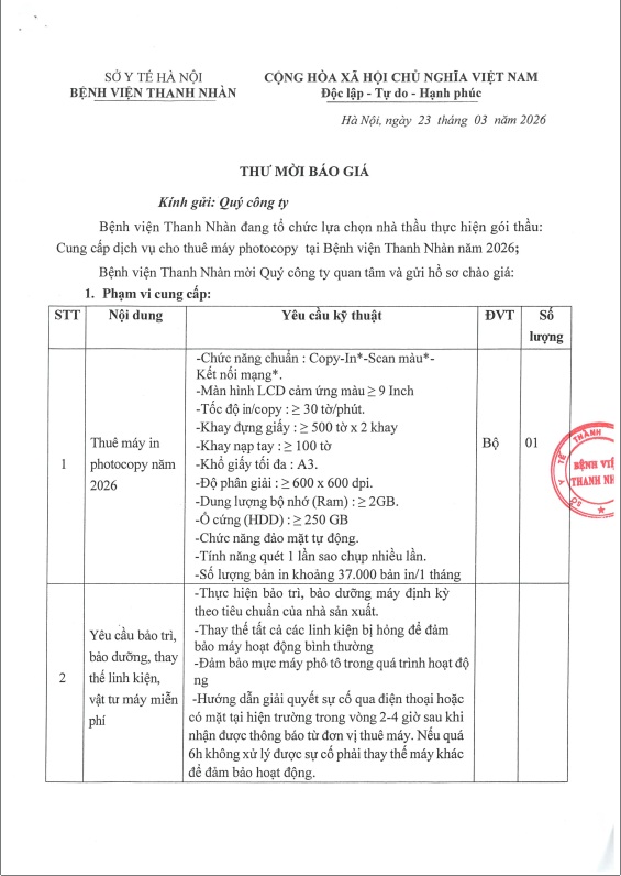Thư mời báo giá dịch vụ cho thuê máy in, máy pho to tại Bệnh viện Thanh Nhàn năm 2026