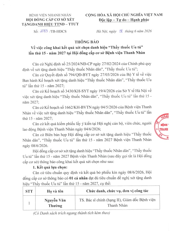 Thông báo: Về việc công khai kết quả xét chọn danh hiệu 