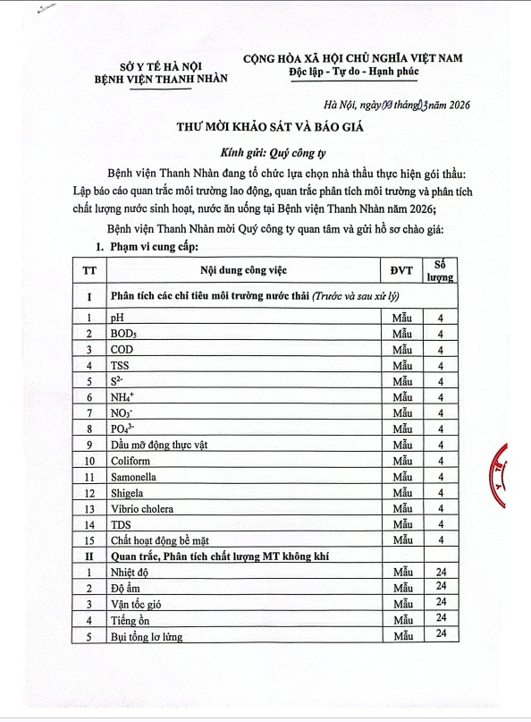 Thư mời khảo sát và báo giá gói thầu: Lập báo cáo quan trắc môi trường lao động, chất lượng nước sinh hoạt, nước ăn uống tại Bệnh viện Thanh Nhàn