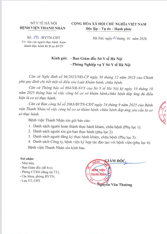 Báo cáo người thực hành, hoàn thành thực hành KCB tại BVTN tháng 1