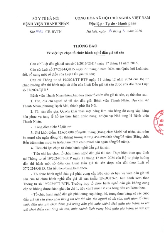 Thông báo về việc lựa chọn tổ chức hành nghề đấu giá tài sản
