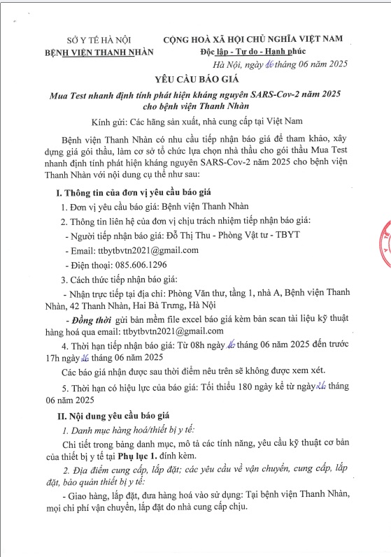 Yêu cầu báo giá Mua test nhanh định tính phát hiện kháng nguyên SARS-Cov-2 năm 2025 cho bệnh viện Thanh Nhàn