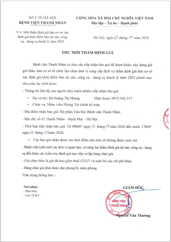 Thư mời thẩm định giá làm cơ sở định giá khởi điểm bán tài sản, công cụ dụng cụ thanh lý năm 2025