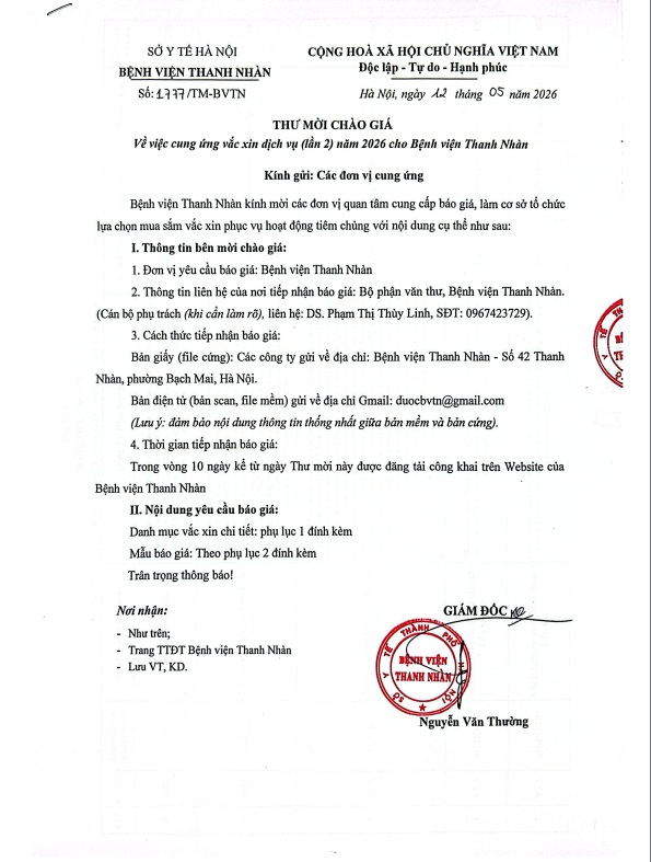 Thư mời báo giá về việc cung ứng vắc xin dịch vụ (lần 2) năm 2026 cho Bệnh viện Thanh Nhàn