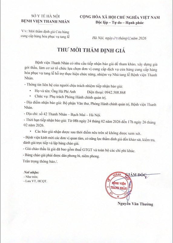 Thư mời thẩm định giá Cửa hàng cung cấp hàng hoá phục vụ tang lễ