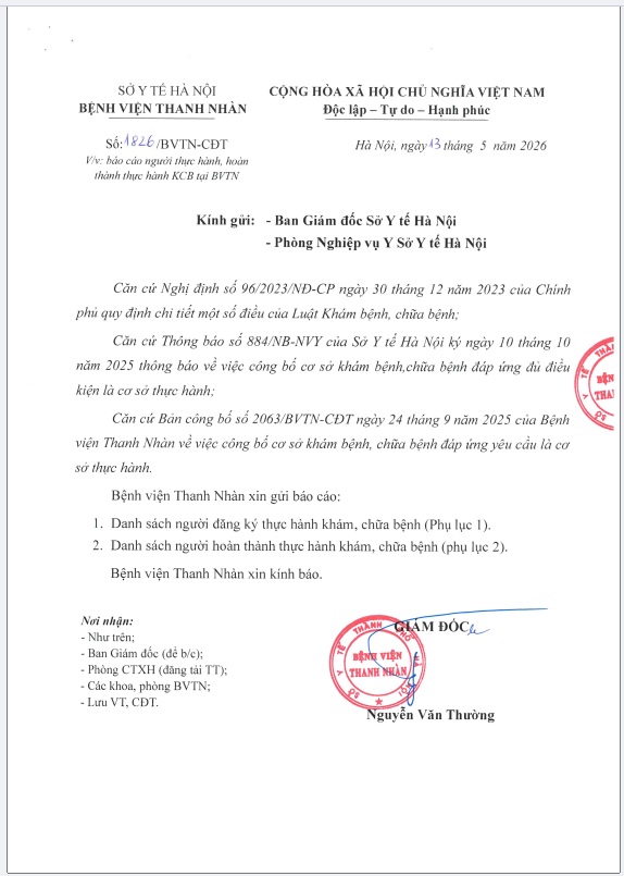 Báo cáo người thực hành, hoàn thành thực hành KCB tại BVTN tháng 05/2026