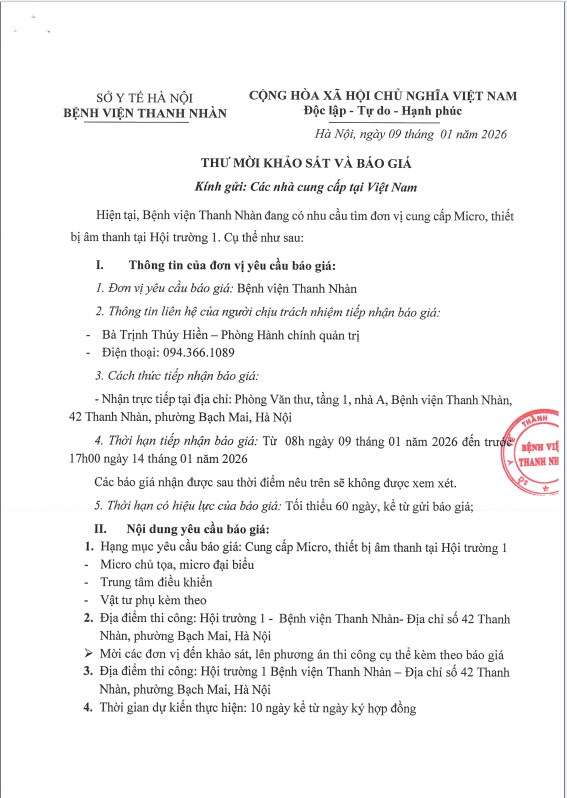 Gói thầu: Cung cấp Micro, thiết bị âm thanh tại Hội trường 1 - Bệnh viện Thanh Nhàn