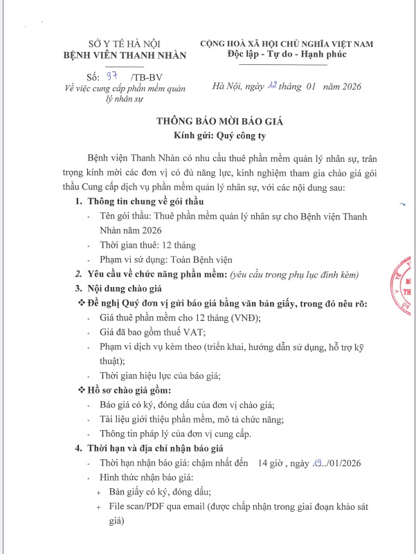 Thư mời chào giá gói thầu thuê phần mềm chấm công cho Bệnh viện Thanh Nhàn năm 2026