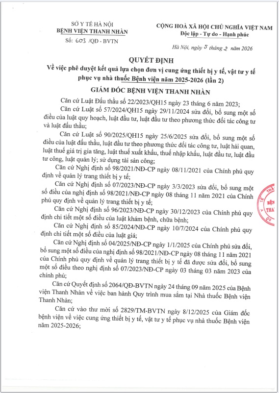 Quyết định phê duyệt kết quả lựa chọn đơn vị cung ứng thuốc, thiết bị y tế, vật tư y tế năm 2025-2026 cho hệ thống Nhà thuốc Bệnh viện