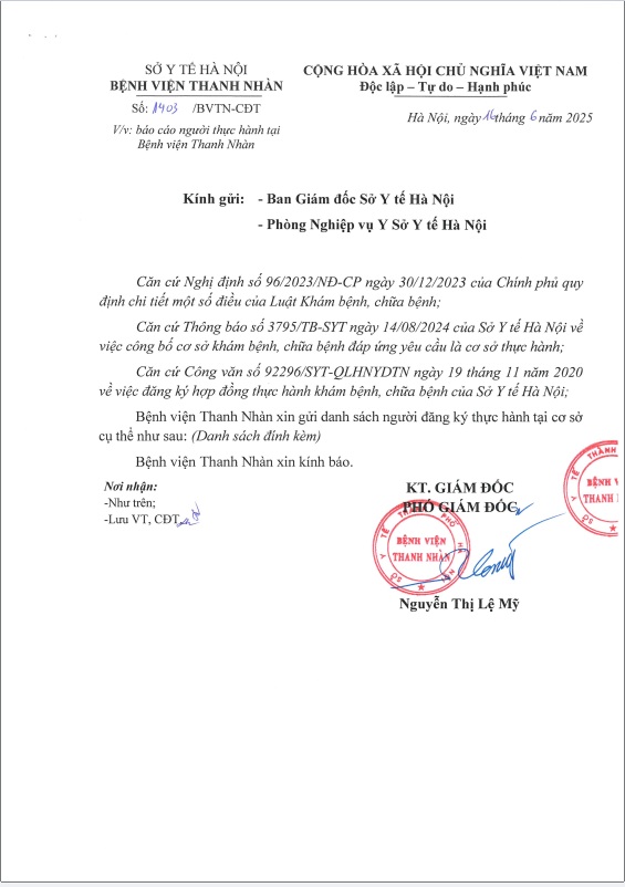 Danh sách người thực hành tại Bệnh viện Thanh Nhàn (CV 1403/BVTN-CĐT ngày 16/16/2025)