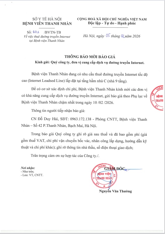 Thông báo mời chào giá gói thầu: Cung cấp đường truyền internet cho Bệnh viện Thanh Nhàn