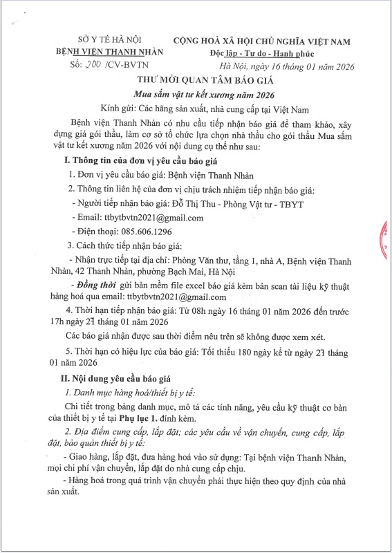 Thư mời quan tâm chào giá Mua sắm vật tư kết xương năm 2026