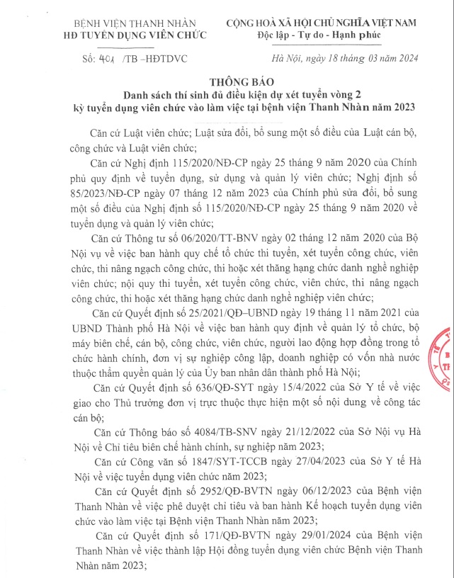 2. THÔNG BÁO Danh sách thí sinh đủ điều kiện dự xét tuyển vòng 2 kỳ tuyển dụng viên chức vào làm việc tại bệnh viện Thanh Nhàn năm 2023