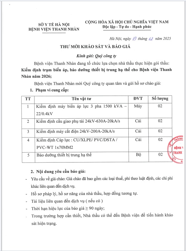 Thư mời khảo sát và báo giá gói thầu : Kiểm định trạm biến áp, bảo dưỡng thiết bị trung hạ thế cho Bệnh viện Thanh Nhàn