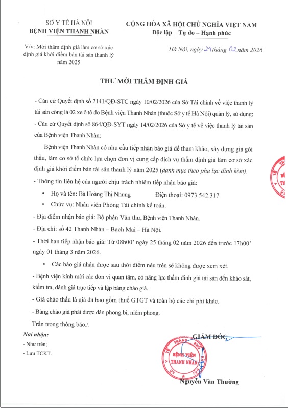 Thư mời thẩm định giá làm cơ sở xác định giá khởi điểm bán tài sản thanh lý năm 2025